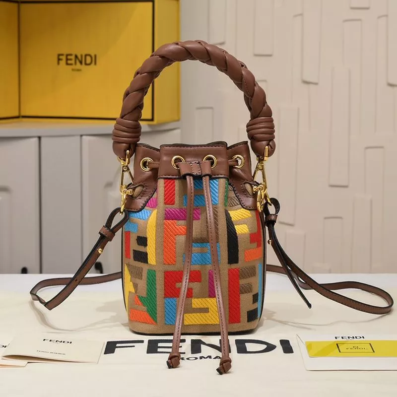 Affordable Fendi Mini Mon Tresor Bucket Bag with Woven Handle In FF Motif Canvas Brown 0118