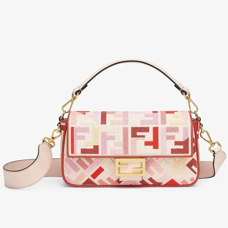 Affordable Fendi Medium Baguette Bag In FF Motif Canvas Pink Red 0122