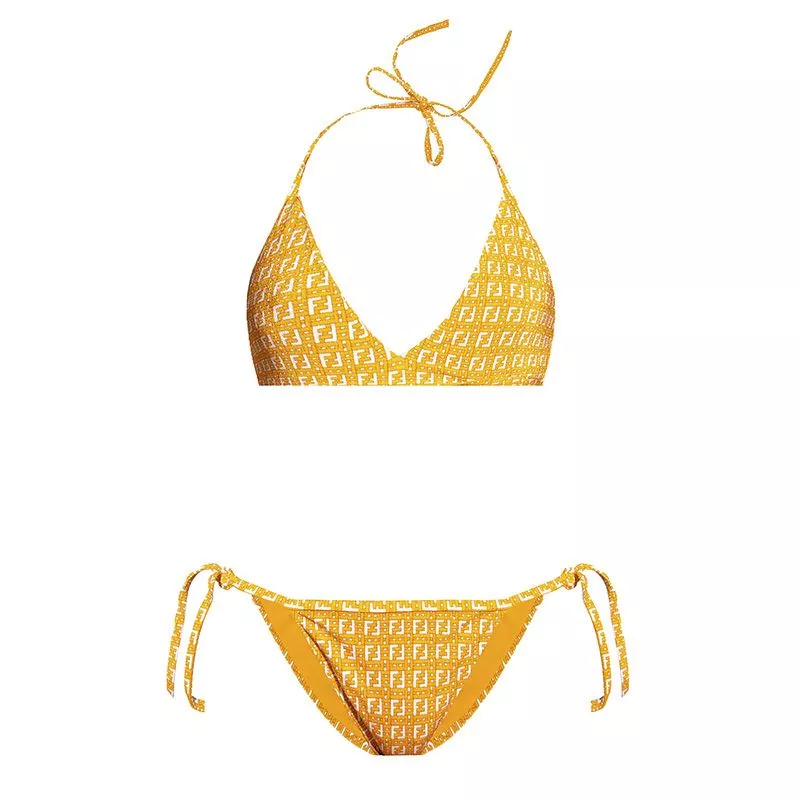 Cheap Affordable Fendi Triangle Bikini with Ties Women Jacquard FF Motif Lycra Yellow 0113