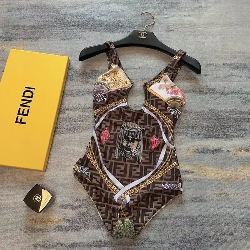 Affordable Fendi Reversible Swimsuit with Safety Pin Brooch Women Fendace FF Motif Lycra Brown 0129