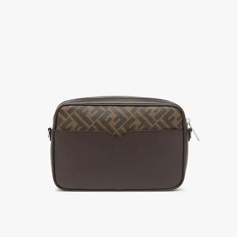 Affordable Affordable Fendi Compact Camera Case In ROMA Logo FF Motif Fabric Brown 0122