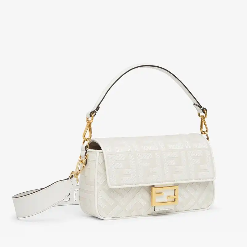 Cheap Affordable Fendi Medium Baguette Bag with Laser Cut Strap In FF Motif Canvas White 0126