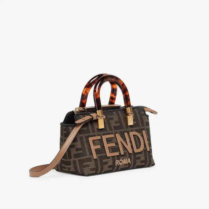 Cheap Affordable Fendi Mini By The Way Boston Bag In ROMA Logo FF Motif Fabric Brown 0130