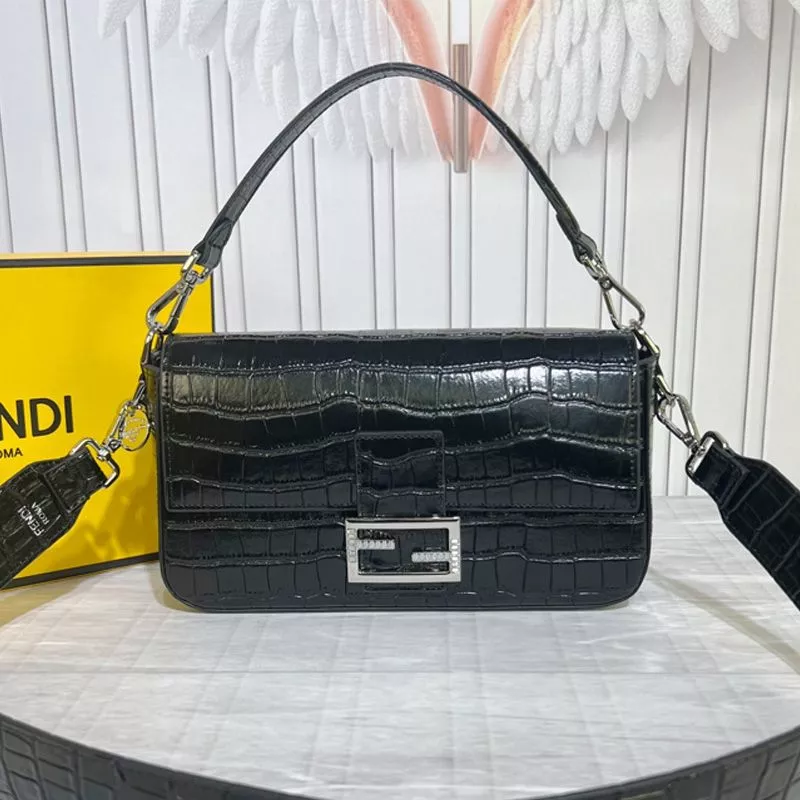 Affordable Fendi Medium Baguette Bag In Tiffany Crocodile Leather Black 0118