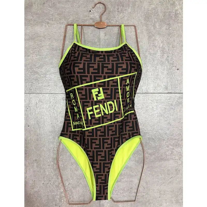 Cheap Affordable Fendi Swimsuit Women Fendi Roma Amor Motif Lycra Brown Green 0124