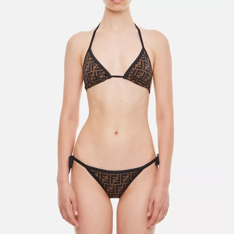 Affordable Fendi Triangular Bikini with Ties Women FF Motif Lycra Brown Black 0113