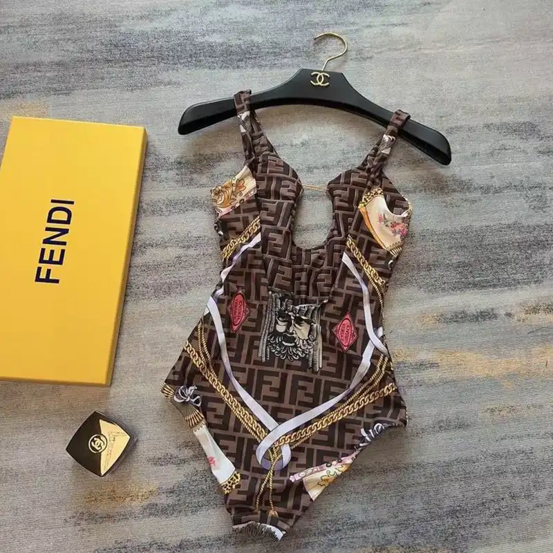 Cheap Affordable Fendi Reversible Swimsuit with Safety Pin Brooch Women Fendace FF Motif Lycra Brown 0129