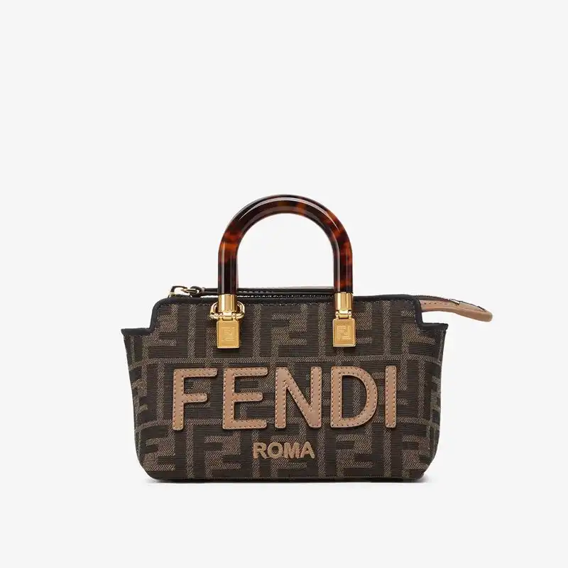 Affordable Fendi Mini By The Way Boston Bag In ROMA Logo FF Motif Fabric Brown 0130