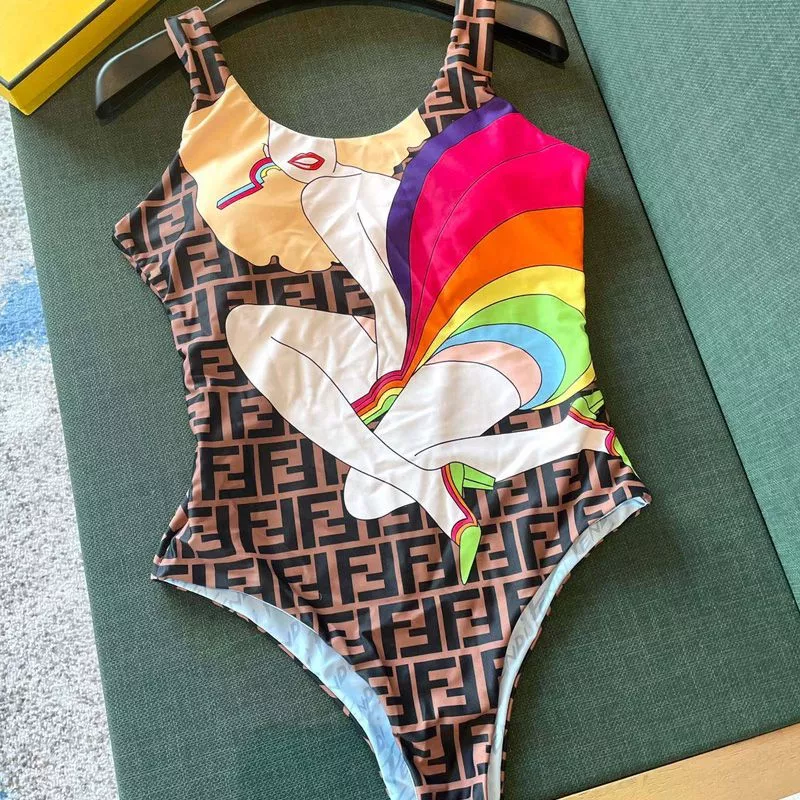 Affordable Affordable Fendi Reversible Swimsuit Women Rainbow Girl FF Motif Lycra Brown Sky Blue 0113