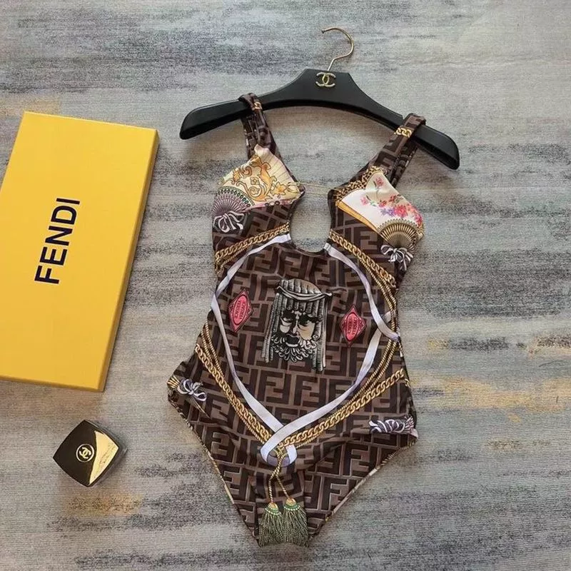 Affordable Fendi Reversible Swimsuit with Safety Pin Brooch Women Fendace FF Motif Lycra Brown 0113