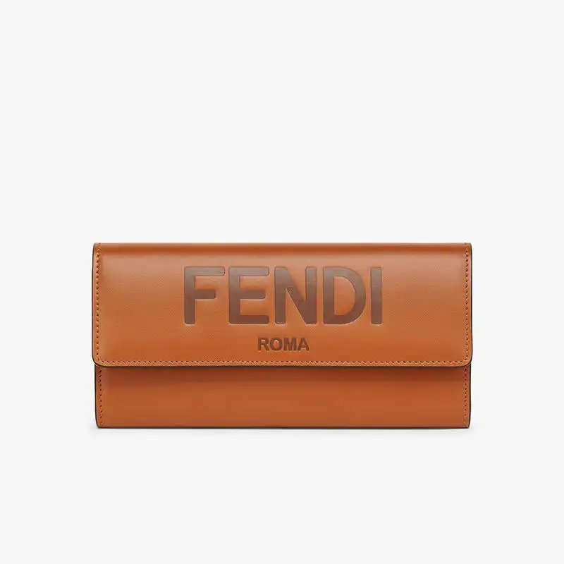 Affordable Fendi Continental Wallet In ROMA Logo Calf Leather Brown 0125