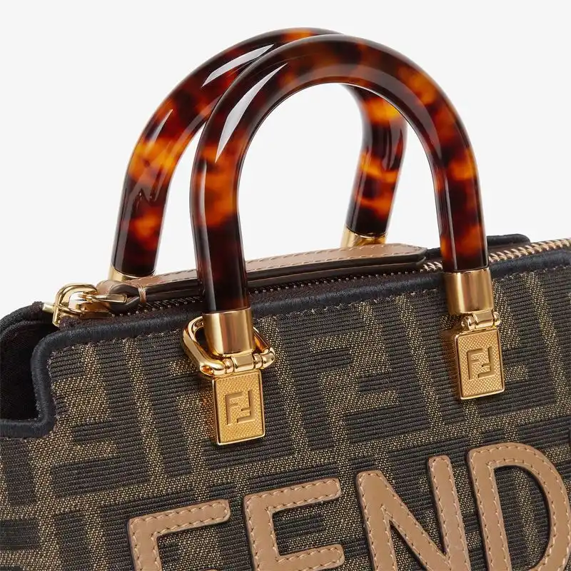 Cheap Affordable Fendi Mini By The Way Boston Bag In ROMA Logo FF Motif Fabric Brown 0130