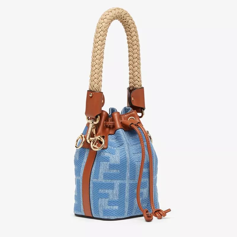 Cheap Affordable Fendi Mini Mon Tresor Bucket Bag with Straw Handle In FF Motif Straw Blue 0115