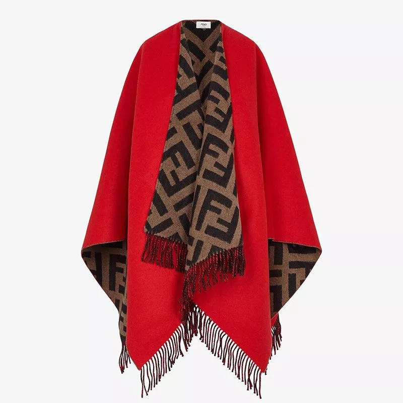 Affordable Fendi Reversible Poncho In FF Motif Wool and Cashmere Red 0112