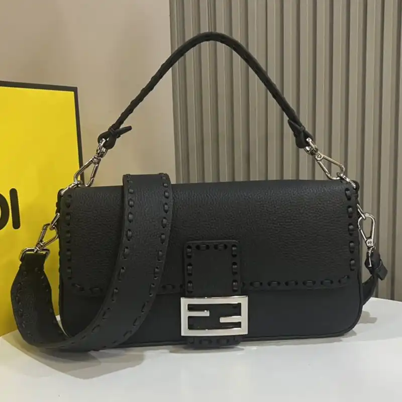 Affordable Fendi Medium Baguette Selleria Bag In Cuoio Romano Leather Black 0126