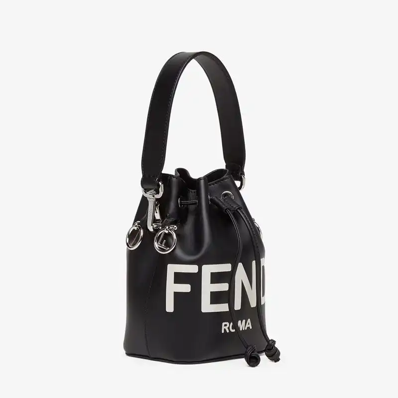 Cheap Affordable Fendi Mini Mon Tresor Bucket Bag In ROMA Logo Calf Leather Black White 0122