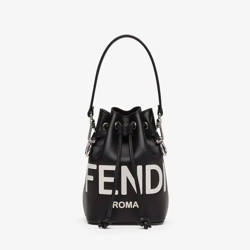 Affordable Fendi Mini Mon Tresor Bucket Bag In ROMA Logo Calf Leather Black White 0122