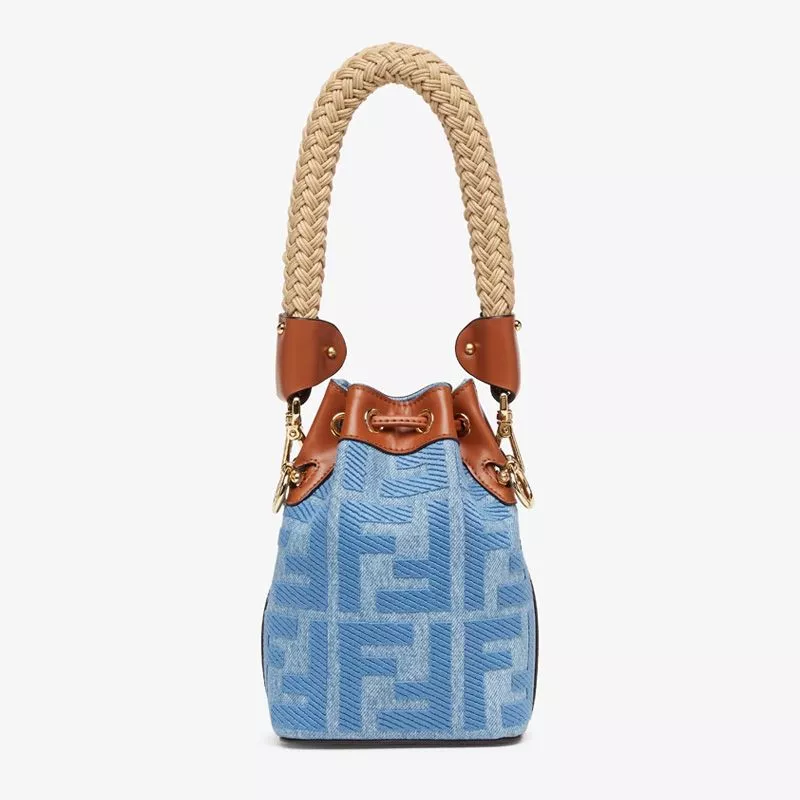 Cheap Affordable Fendi Mini Mon Tresor Bucket Bag with Straw Handle In FF Motif Straw Blue 0115