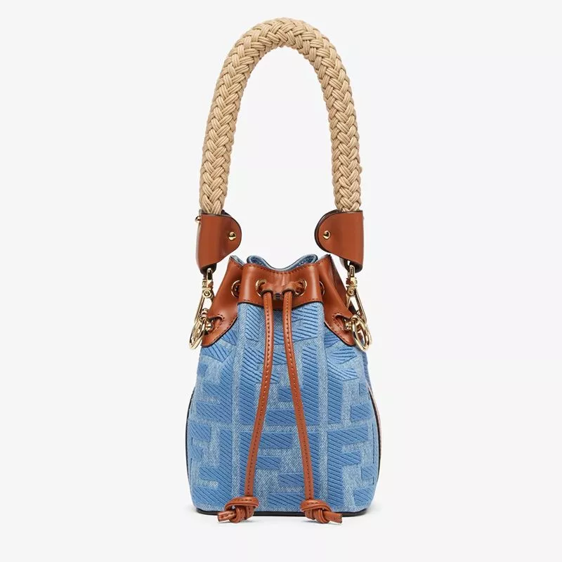 Affordable Fendi Mini Mon Tresor Bucket Bag with Straw Handle In FF Motif Straw Blue 0115