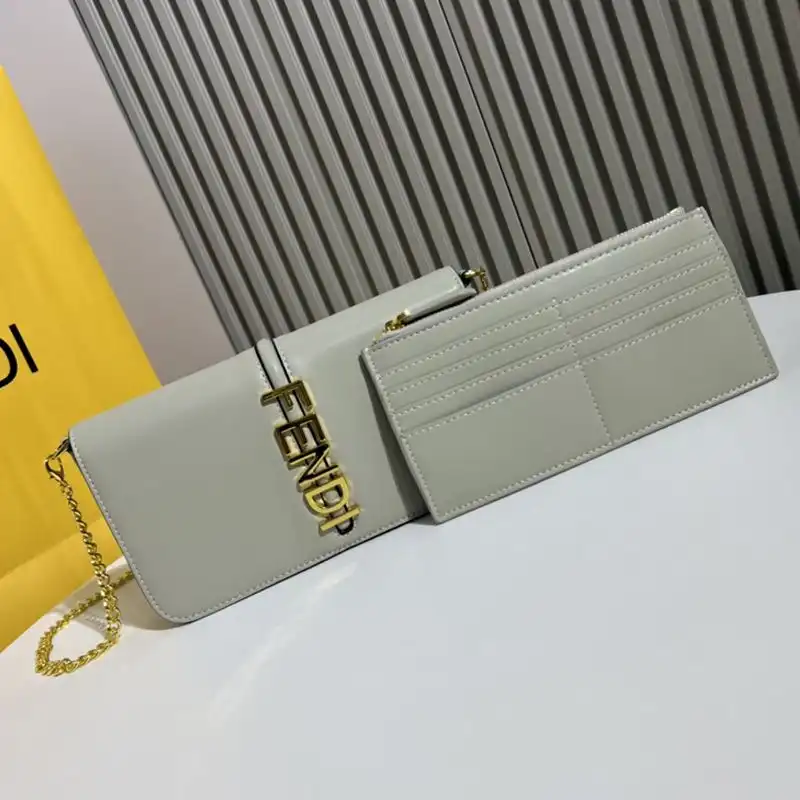 Affordable Fendi Fendigraphy Wallet with Chain In Calf Leather Grey 0125