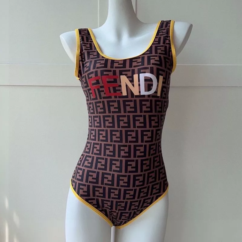 Affordable Fendi Swimsuit Women Logo FF Motif Lycra Brown Yellow 0113