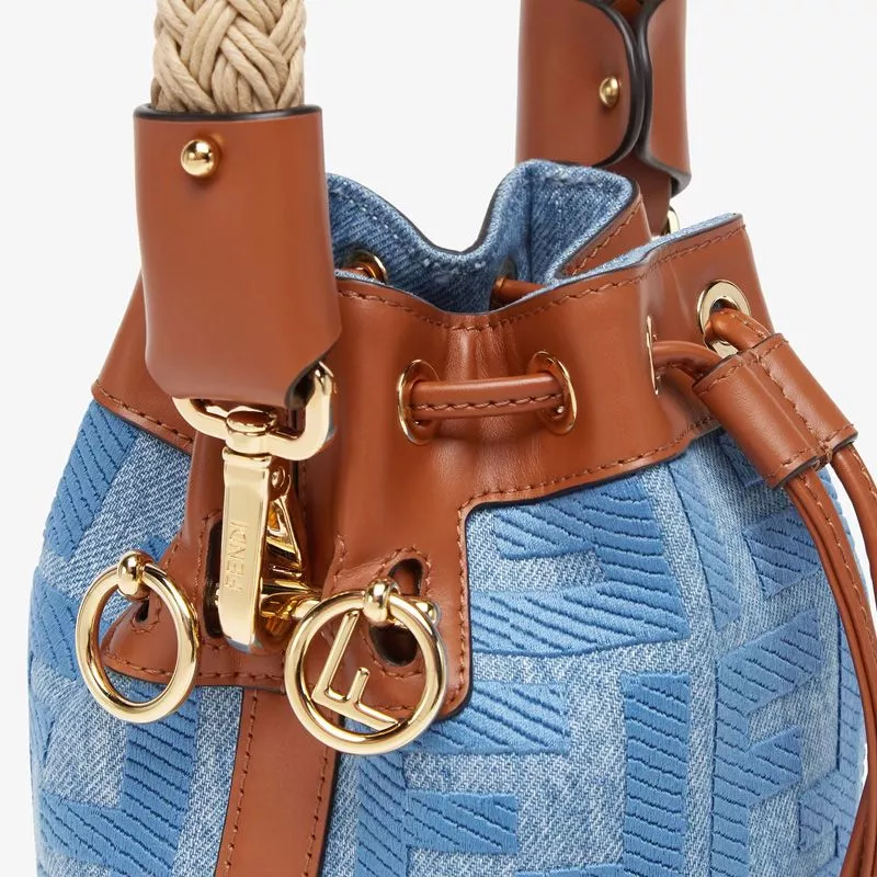 Cheap Affordable Fendi Mini Mon Tresor Bucket Bag with Straw Handle In FF Motif Straw Blue 0115