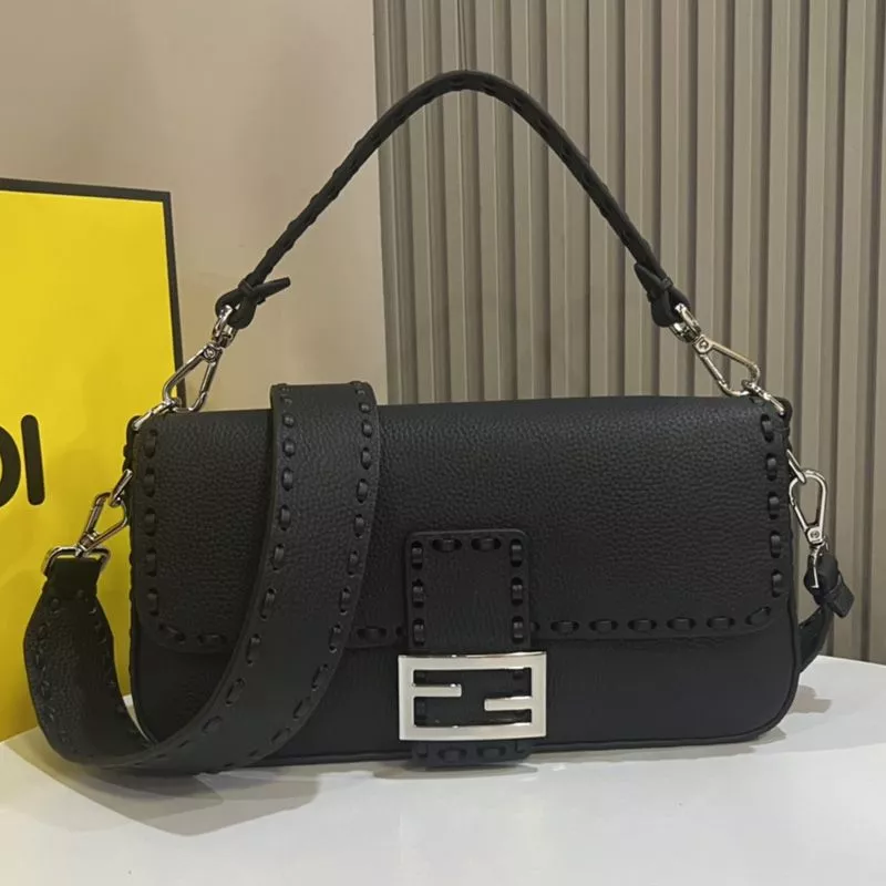 Affordable Fendi Medium Baguette Selleria Bag In Cuoio Romano Leather Black 0117