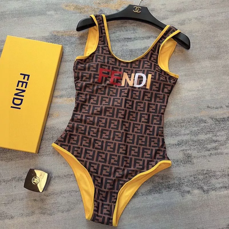 Cheap Affordable Fendi Swimsuit Women Logo FF Motif Lycra Brown Yellow 0113