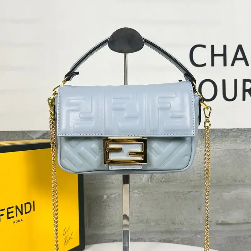 Affordable Fendi Mini Baguette Bag In FF Motif Nappa Leather Sky Blue 0130