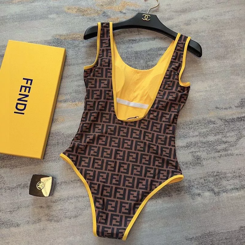 Cheap Affordable Fendi Swimsuit Women Logo FF Motif Lycra Brown Yellow 0113