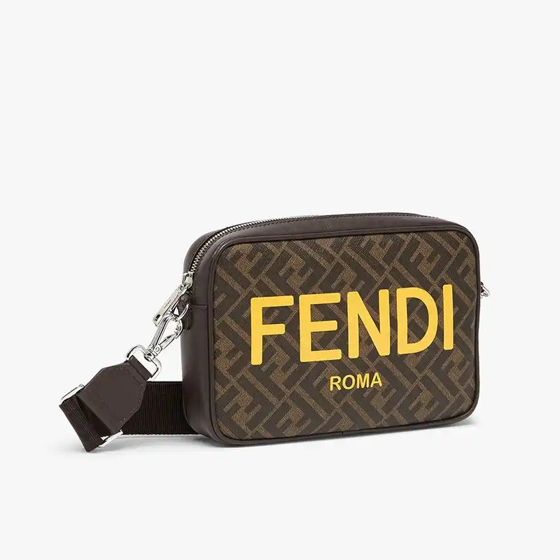 Affordable Affordable Fendi Compact Camera Case In ROMA Logo FF Motif Fabric Brown 0122