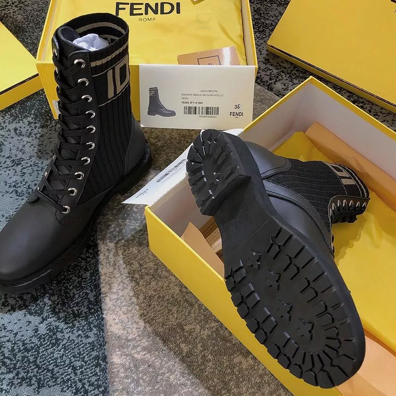 Affordable Affordable Fendi Rockoko Combat Boots Women Leather with FF Stripes Stretch Fabric Black 0116