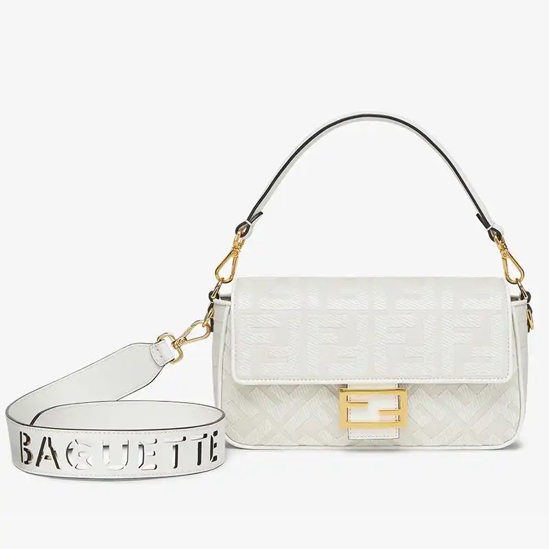 Affordable Fendi Medium Baguette Bag with Laser Cut Strap In FF Motif Canvas White 0126