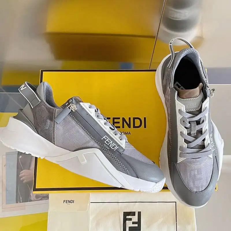 Affordable Fendi Flow Sneakers Men FF Motif Fabric and Suede Grey 0128