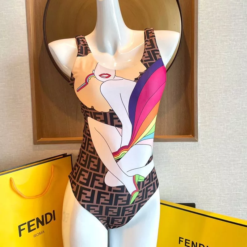 Affordable Fendi Reversible Swimsuit Women Rainbow Girl FF Motif Lycra Brown Sky Blue 0113