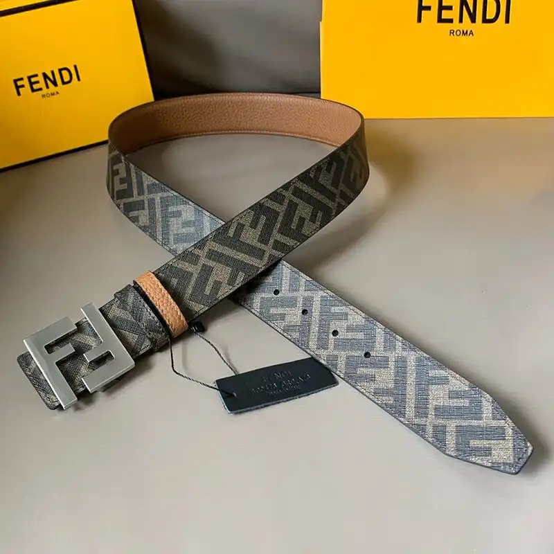 Affordable Fendi FF Buckle Reversible Belt In FF Motif Fabric and Calfskin Brown Silver 0123