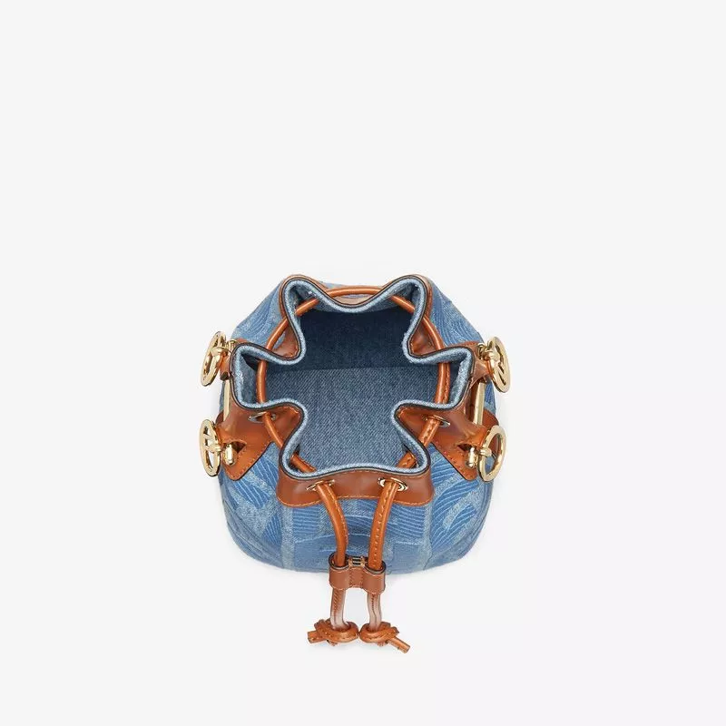 Cheap Affordable Fendi Mini Mon Tresor Bucket Bag with Straw Handle In FF Motif Straw Blue 0115