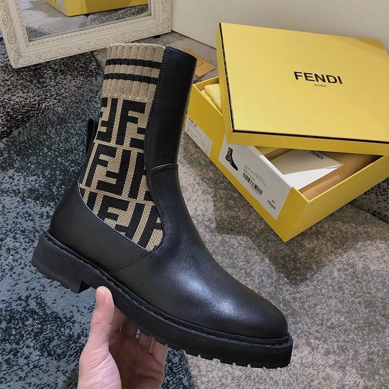 Affordable Fendi Rockoko Ankle Boots Women Leather with FF Motif Stretch Fabric Brown 0119