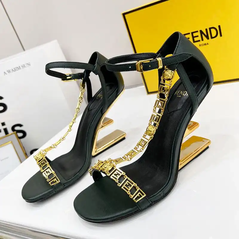 Affordable Affordable Fendi First Sandals Women Leather with Fendace Chain Black 0128