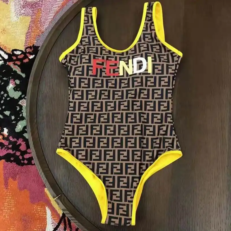 Affordable Fendi Swimsuit Women Logo FF Motif Lycra Grey Yellow 0129