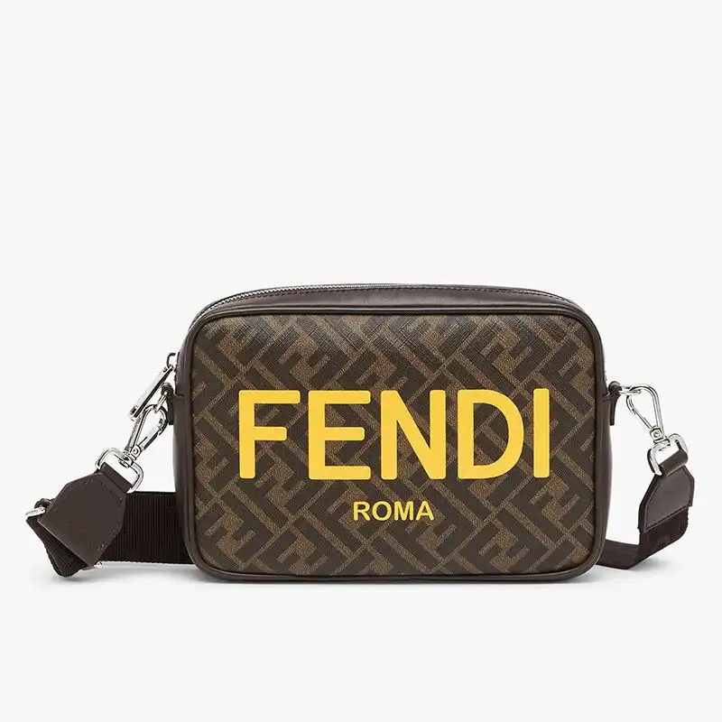 Affordable Fendi Compact Camera Case In ROMA Logo FF Motif Fabric Brown 0122