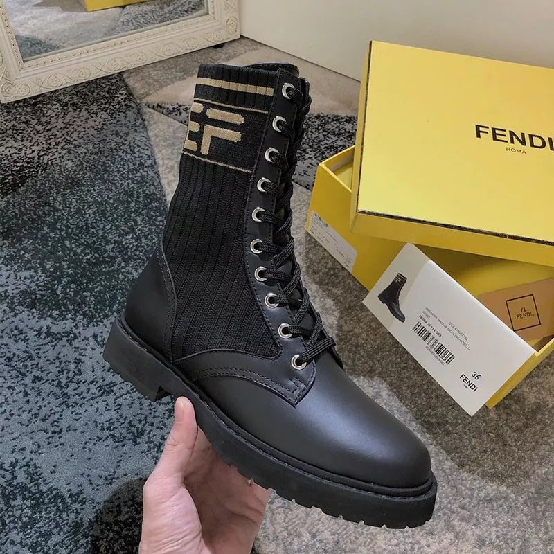 Affordable Affordable Fendi Rockoko Combat Boots Women Leather with FF Stripes Stretch Fabric Black 0116