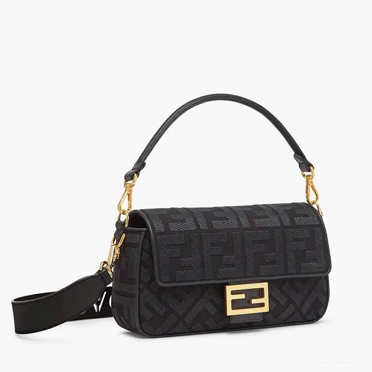 Affordable Affordable FF Cut Laser with In Motif Fendi Bag Baguette Canvas Black Medium Strap 0225