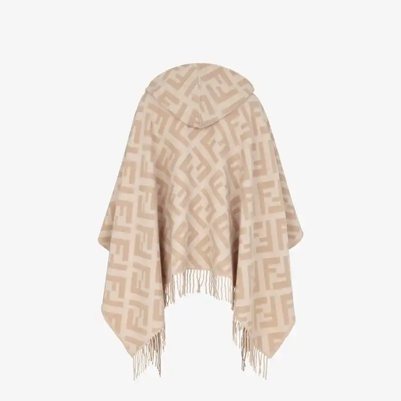 Cheap Affordable Fendi Poncho with Hood In FF Motif Cashmere Beige 0201