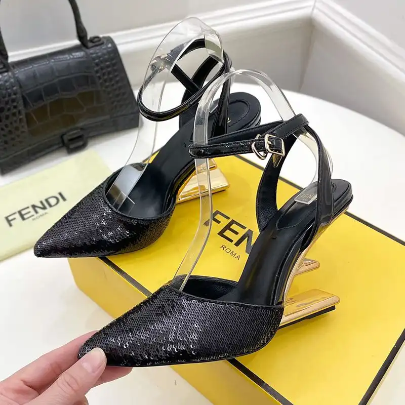 Affordable Affordable Fendi First Slingback Pumps Women Calf Leather with Sequins Embroidery Black 0205