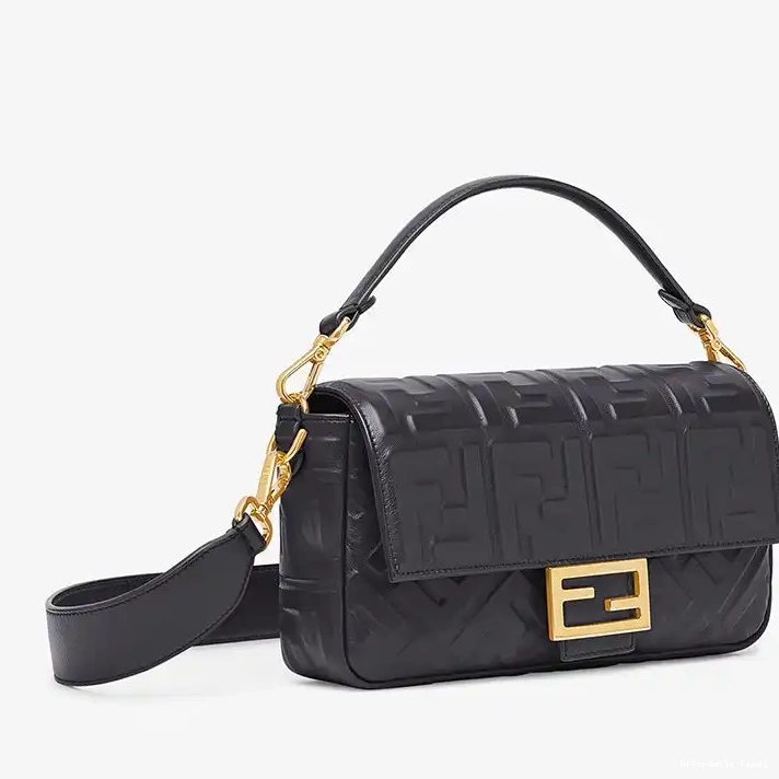 Affordable Affordable Medium Leather Motif Baguette Bag FF Black In Nappa Fendi 0208