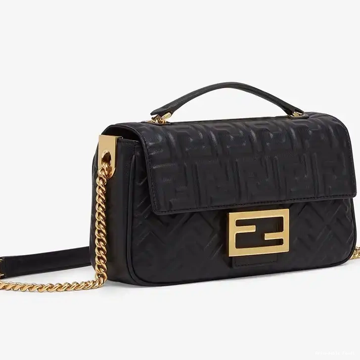 Cheap Affordable Nappa Midi Fendi In Motif FF Baguette Leather Chain Black Bag 0217