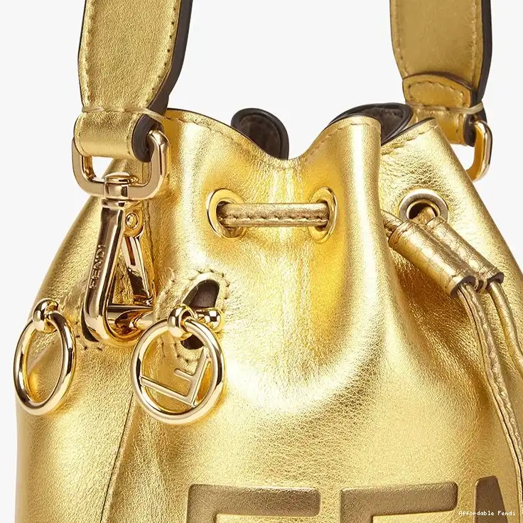 Cheap Affordable Fendi Calf Leather Bag Bucket Tresor ROMA Mon Logo Gold Mini In 0219