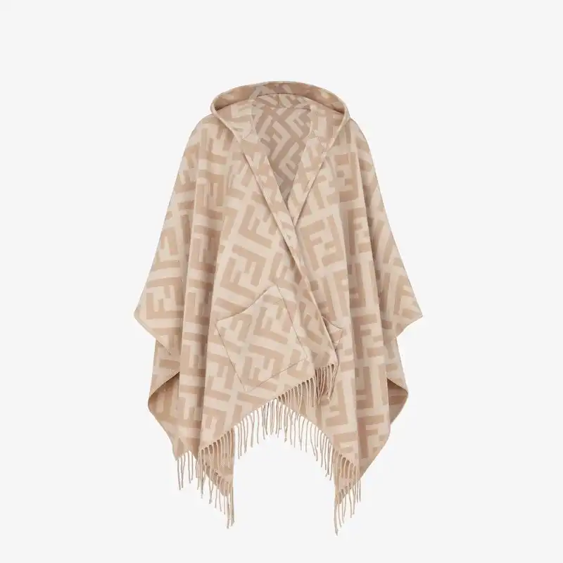 Affordable Fendi Poncho with Hood In FF Motif Cashmere Beige 0201