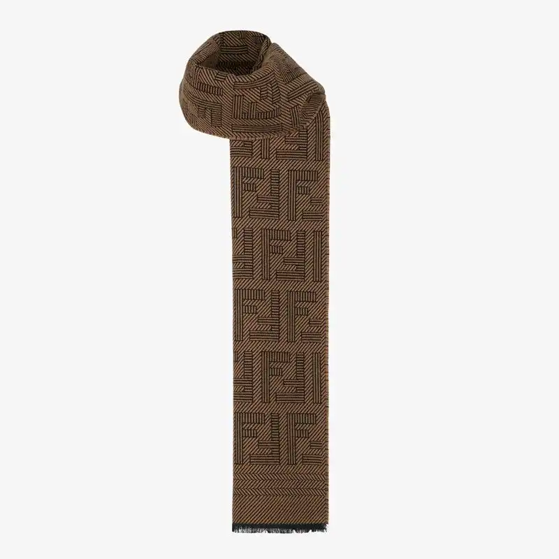 Affordable Affordable Fendi FF Rectangular Scarf Man In Wool and Silk Brown 0201